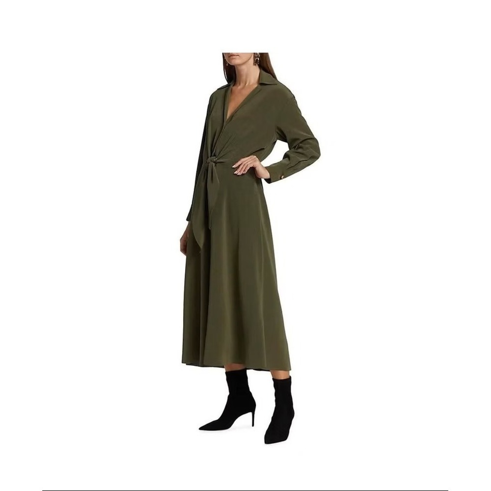 NWT Vince Tie Waist Collared Midi Dress in Olive / Size Small / MSRP $398